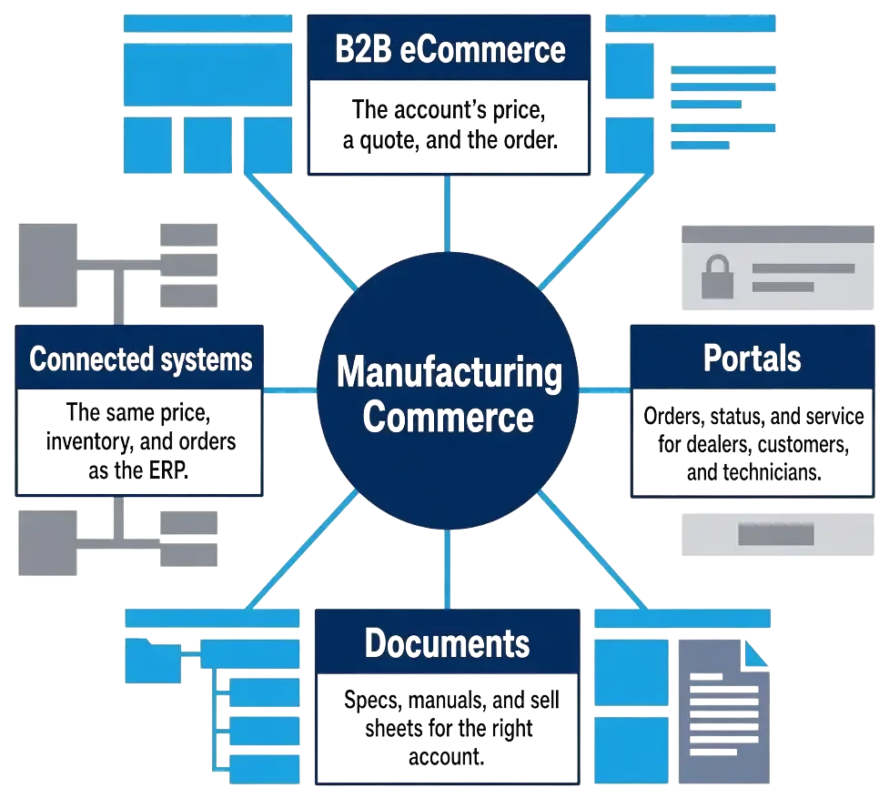 Manufacturing Commerce. Four primary parts: B2B eCommerce, the account’s price, a quote, and the order. Portals: orders, status, and service for dealers, customers, and technicians. Documents: specs, manuals, and sell sheets for the right account. Connected systems: the same price, inventory, and orders as the ERP.
