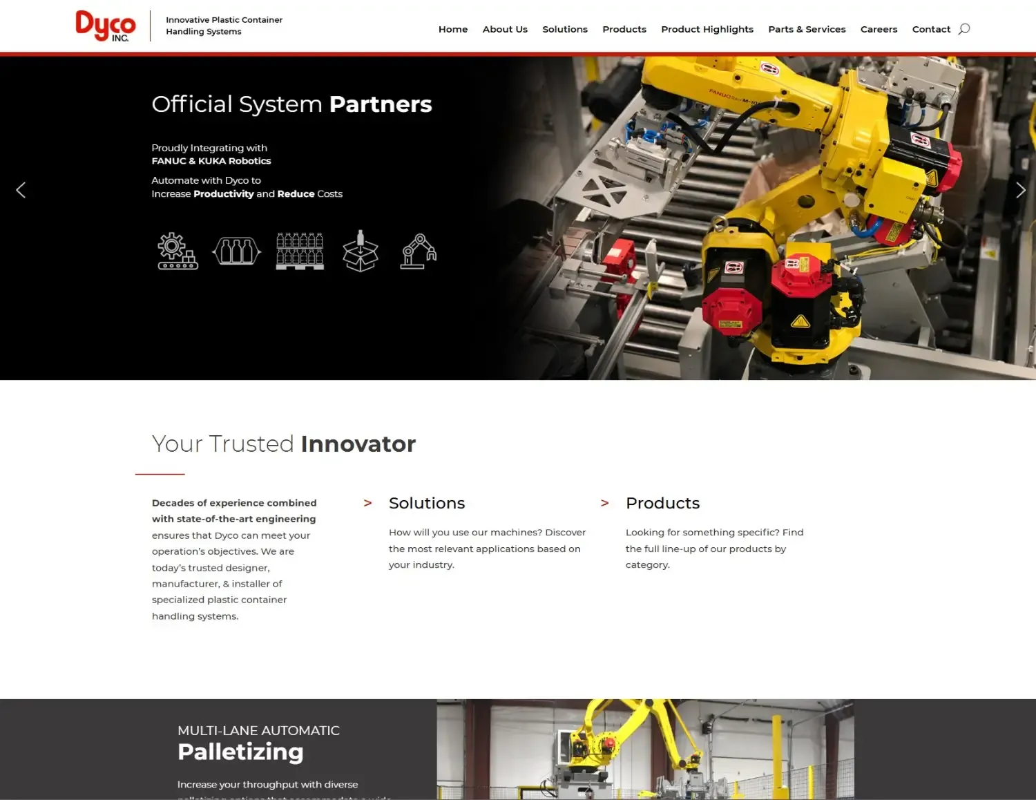 Dyco Inc. website homepage with industrial robotics hero