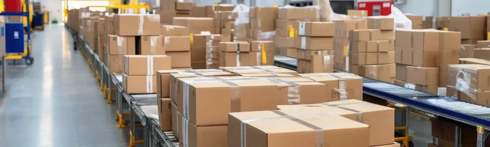 Packed dealer orders moving on a conveyor through a fulfillment facility