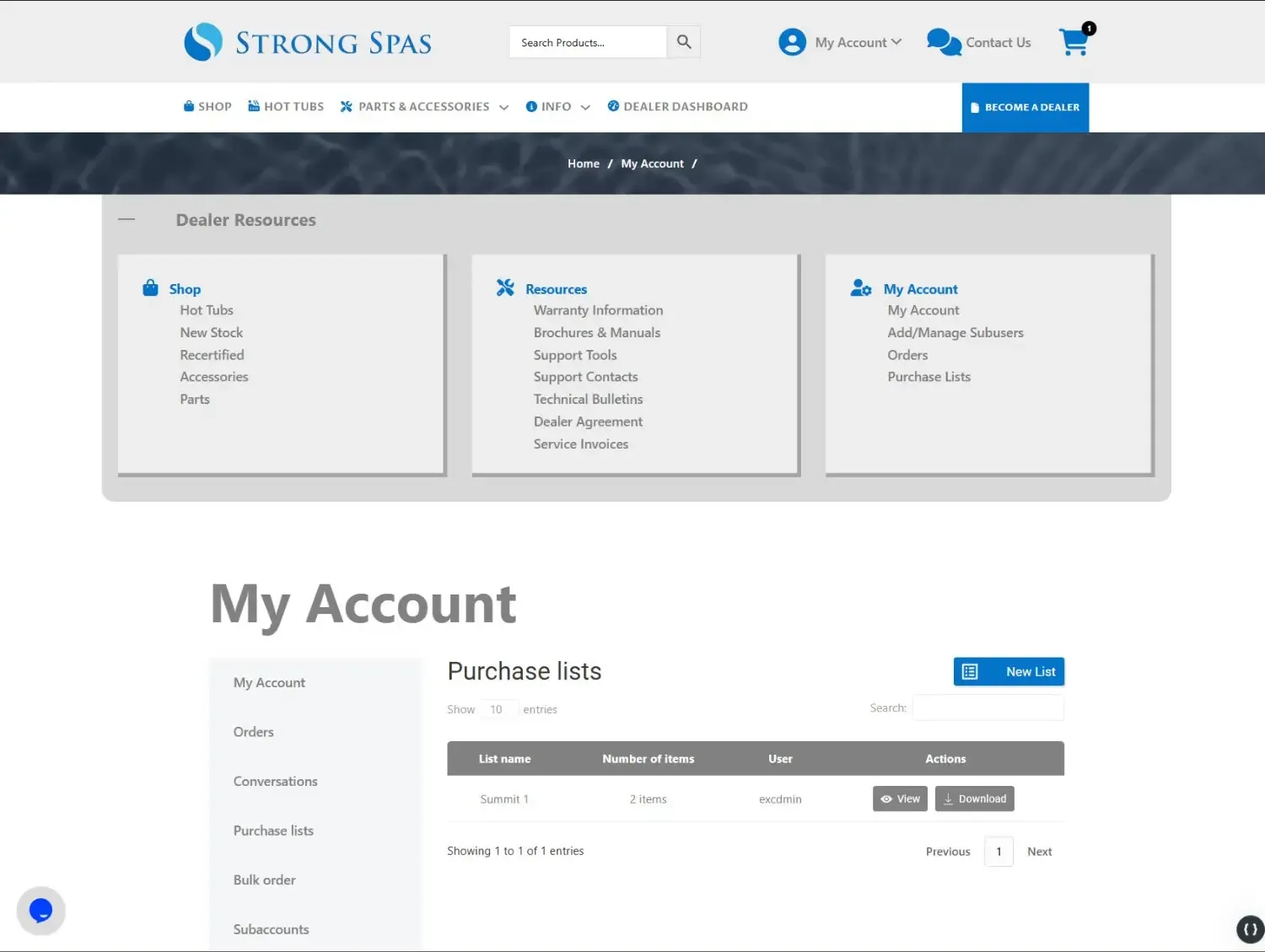 Strong Spas dealer portal showing dealer resources, account tools, and orders