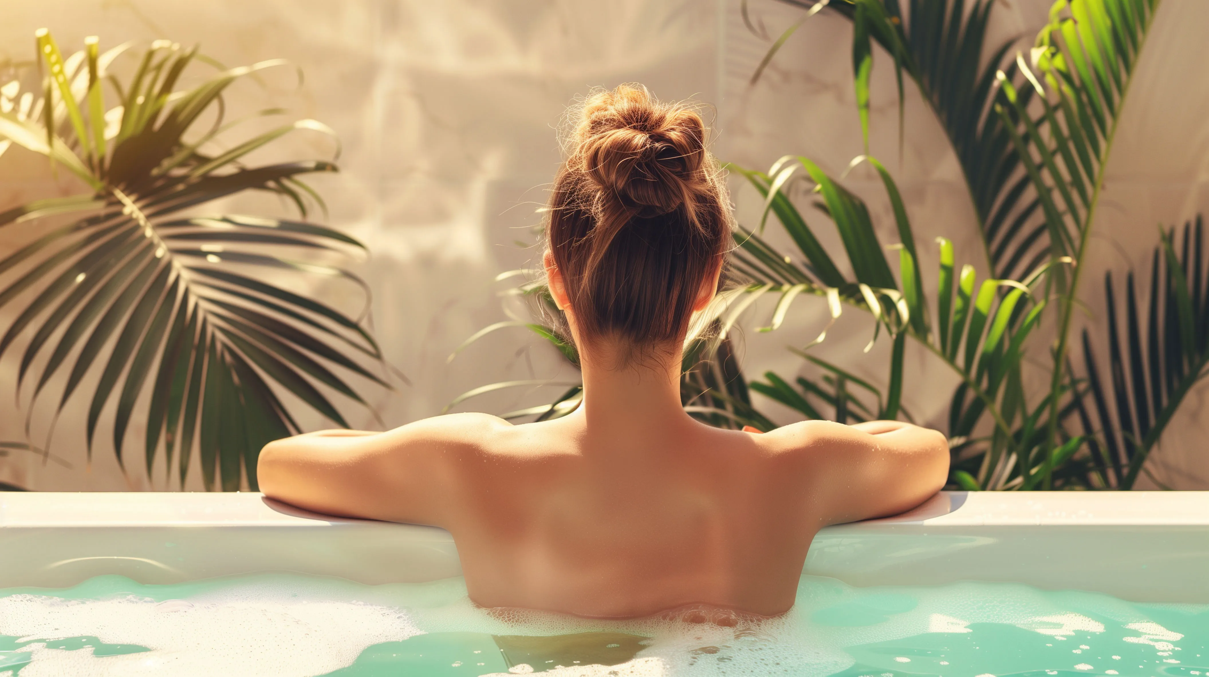 Person relaxing in a hot tub surrounded by tropical greenery