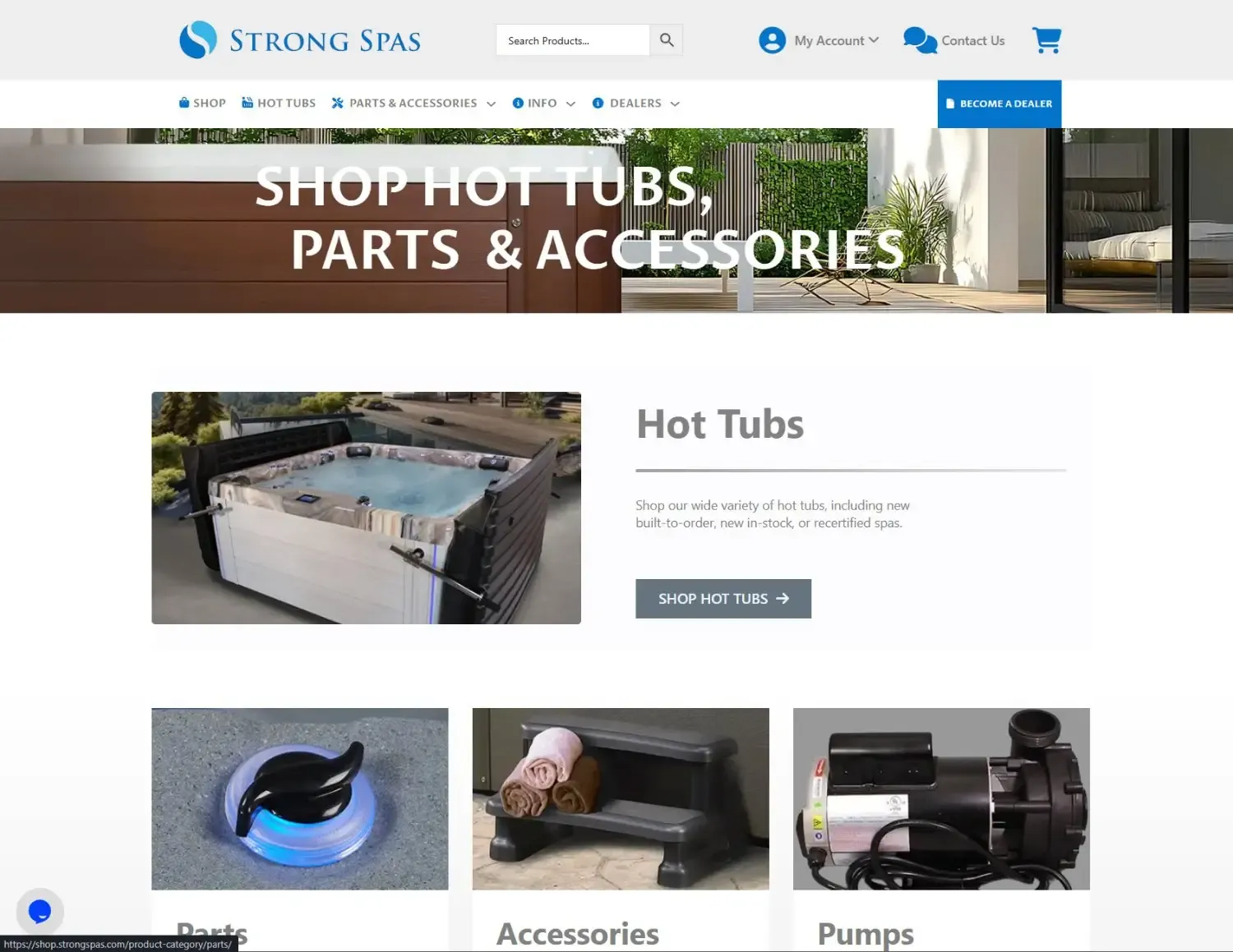 Strong Spas storefront homepage showing hot tubs, parts, and accessories